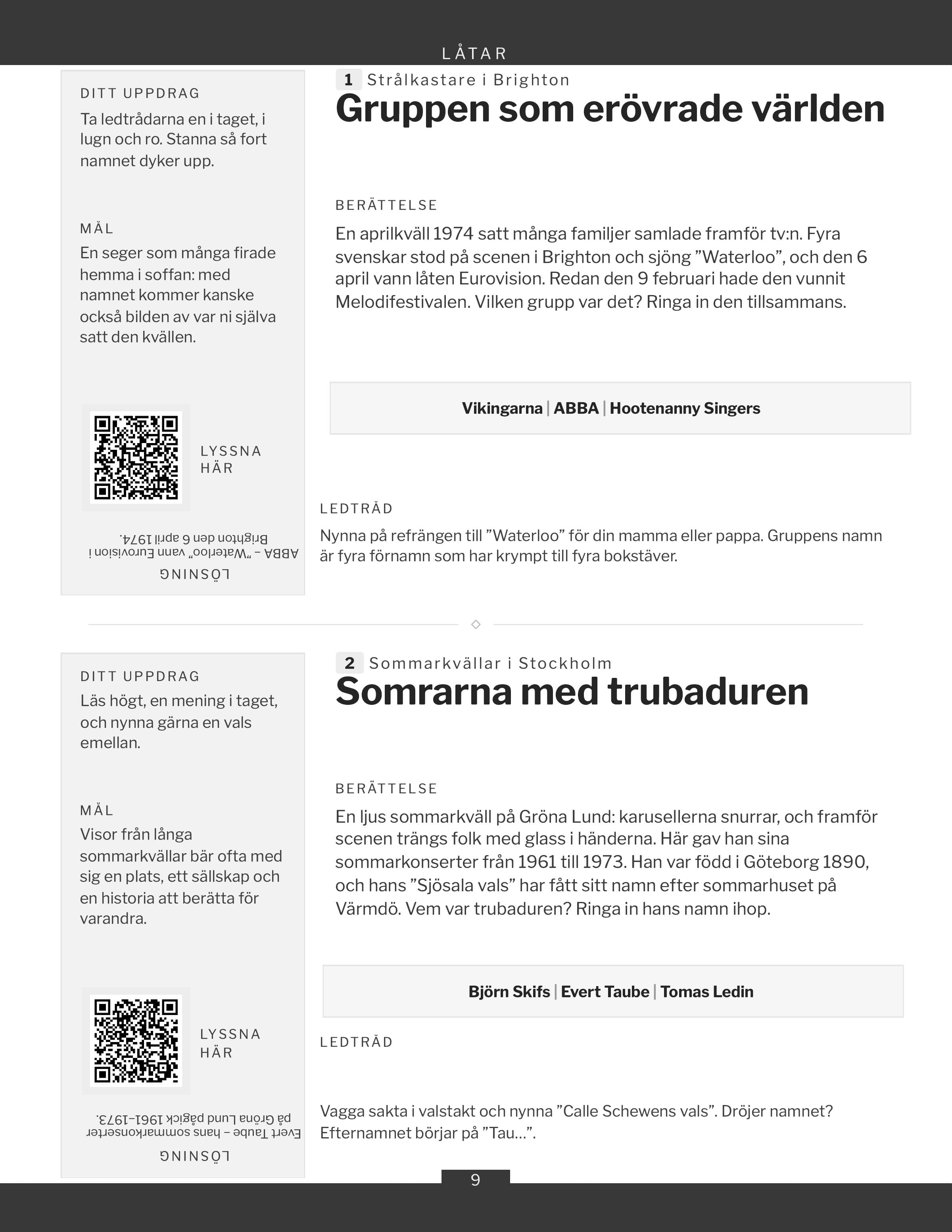 En sida ur rubriken Låtar, två spel och deras ruta att fotografera