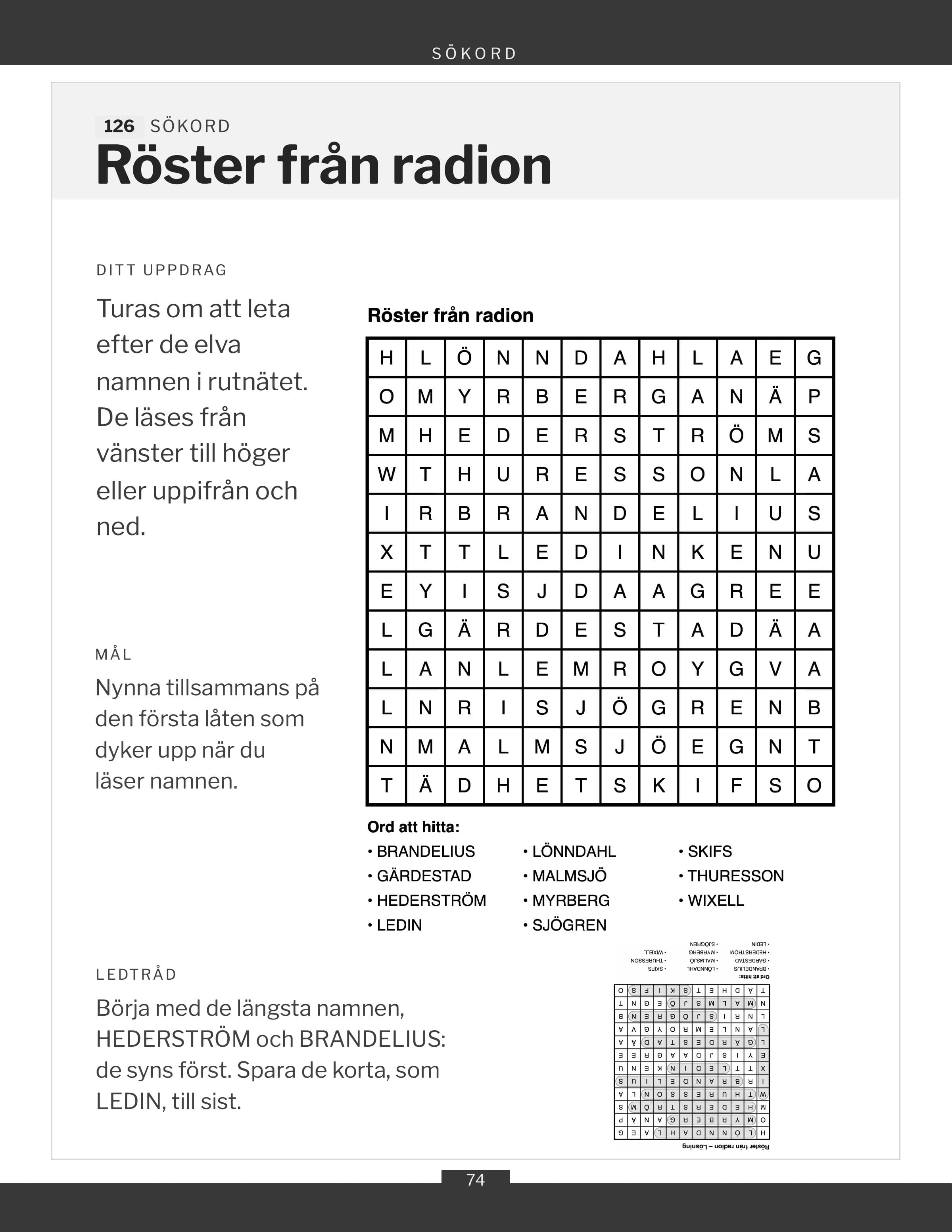 Ett rutnät med sökord, att fylla i med penna